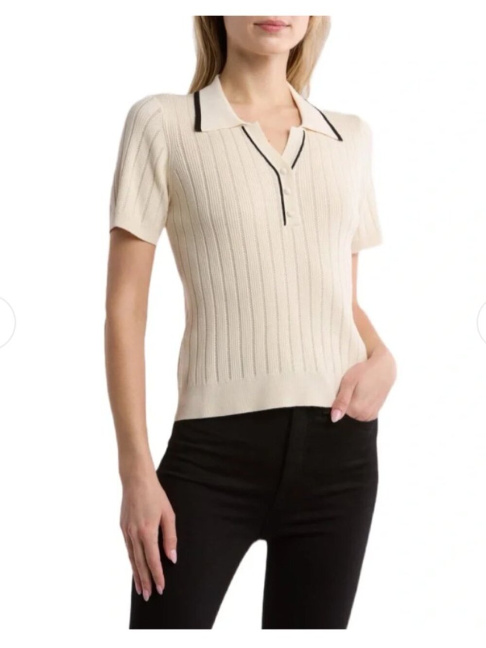 Adrianna Papell Cream Polo Top Black Trim Ribbed Knit, Size Large - Picture 8 of 8